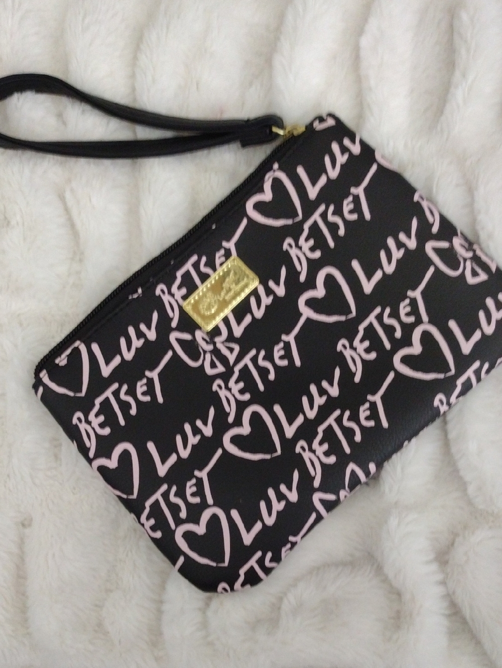 Betsey Johnson Black and Pink Luv Script Wristlet with Detachable Strap